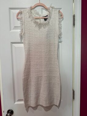 TRENDY THREAD.   Sleeveless Cream Fringe-Trim Knit Mini Dress